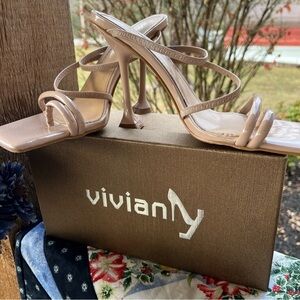 Vivianly Nude Patent Leather Square Toe Mules Sandals Toe Ring Heels Size 8